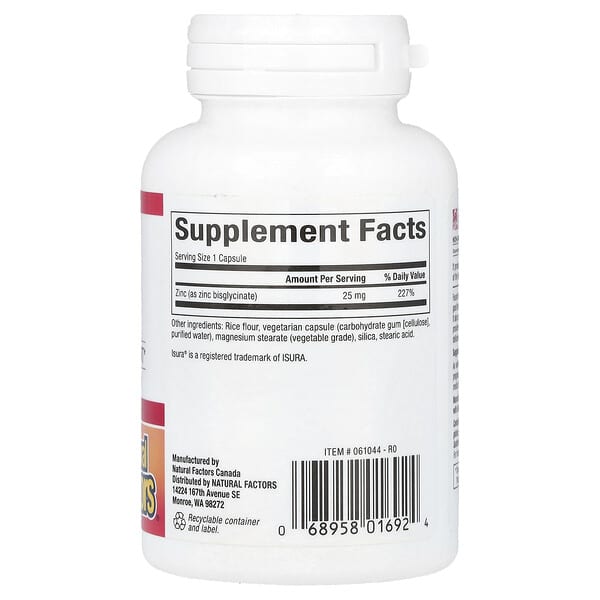 Alternative view of Natural Factors, Zinc Bisglycinate,  25 mg , 60 Vegetarian Capsules