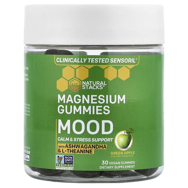 Natural Stacks, Magnesium Gummies, Mood, Green Apple, 30 Vegan Gummies