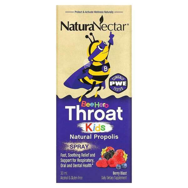 NaturaNectar, Bee Hero Throat Kids, Natural Propolis Spray, Berry Blast, 5 mg, 30 ml