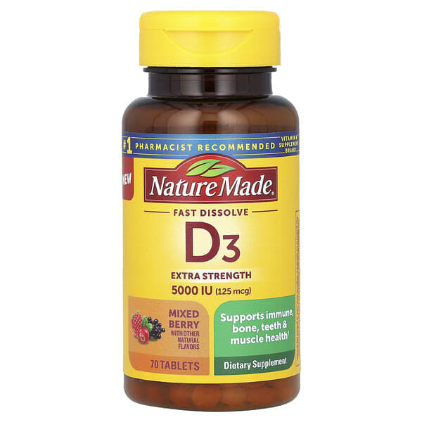 Nature Made, Fast Dissolve D3, Mixed Berry, 125 mcg (5,000 IU), 70 Tablets