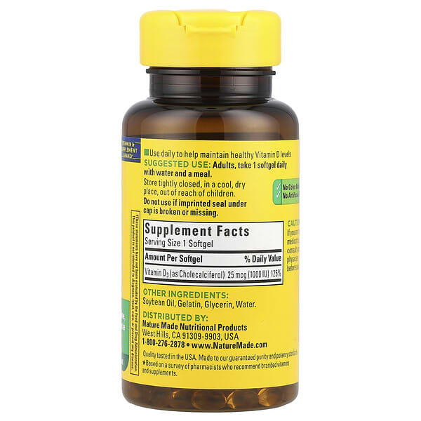 Alternative view of Nature Made, Vitamin D3, 25 mcg (1,000 IU), 100 Softgels