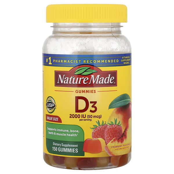 Nature Made, Vitamin D3 Gummies, Strawberry, Peach & Mango, 150 Gummies (1,000 IU per Gummy)