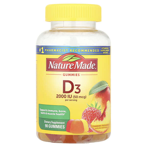 Nature Made, Vitamin D3 Gummies, Strawberry, Peach & Mango, 90 Gummies, (25 mcg (1,000 IU) per Gummy)