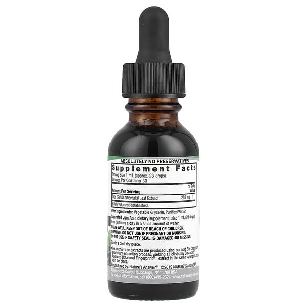 Nature's Answer, Sage Leaf Extract, Alcohol-Free, 255 mg, 1 fl oz (30 ml) 2 Nature's Answer, Sage Leaf Extract, Alcohol-Free, 255 mg, 1 fl oz (30 ml) - Ảnh 2