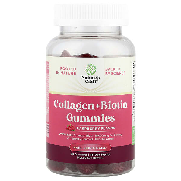 Nature's Craft, Collagen + Biotin Gummies, Raspberry , 90 Gummies