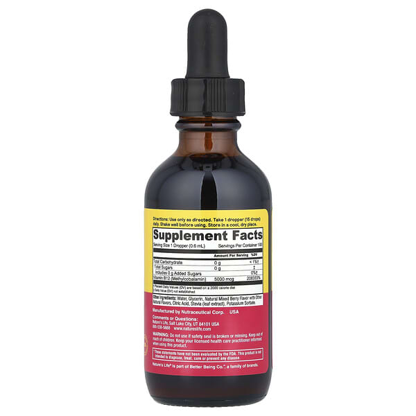 Alternative view of Nature's Life, B-12 Drops, Sugar Free, Mixed Berry, 5,000 mcg, 2 fl oz (60 ml)