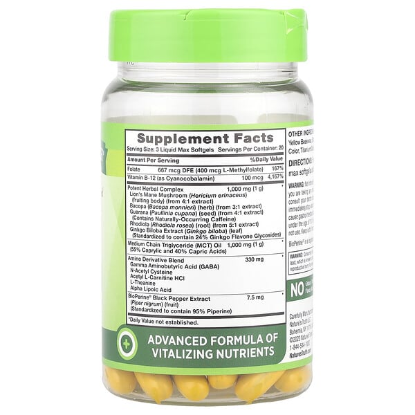 Alternative view of Nature's Truth, Brain Up™, With L-Theanine, Bacopa, B-12, MCT, 60 Liquid Max Softgels
