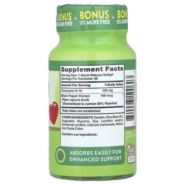 Alternative view of Nature's Truth, CoQ-10 Plus Black Pepper Extract, Enhanced Absorption, 100 mg, 50 Quick Release Softgels