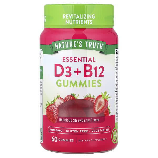 Nature's Truth, Essential D3 + B12 Gummies, Strawberry, 60 Gummies 1 Nature's Truth, Essential D3 + B12 Gummies, Strawberry, 60 Gummies