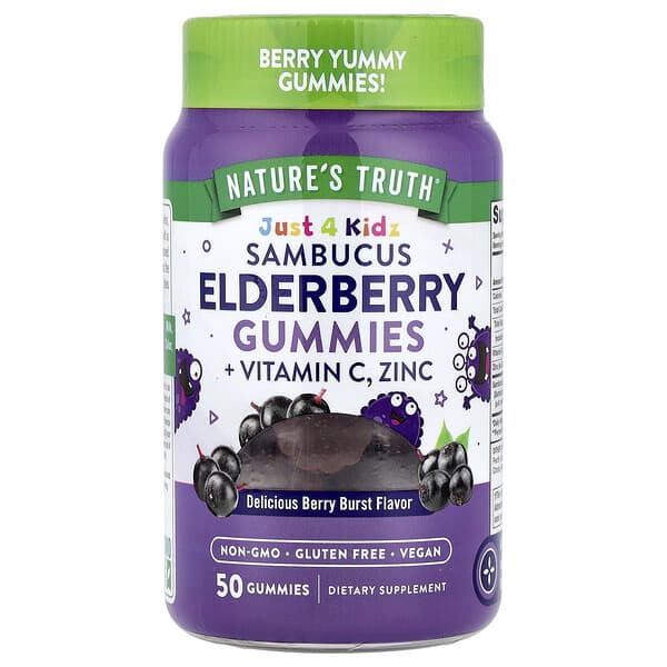 Nature's Truth, Just 4 Kidz, Sambucus Elderberry Gummies + Vitamin C, Zinc, Delicious Berry Burst, 50 Gummies