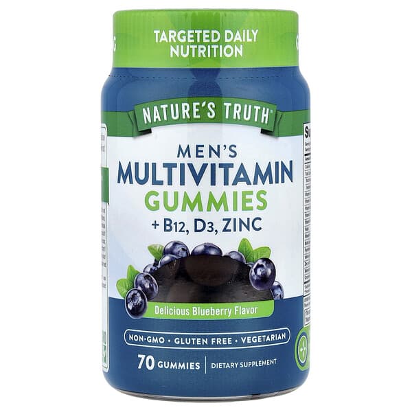 Nature's Truth, Men's Multivitamin Gummies + B12, D3, Zinc, Delicious Blueberry, 70 Gummies