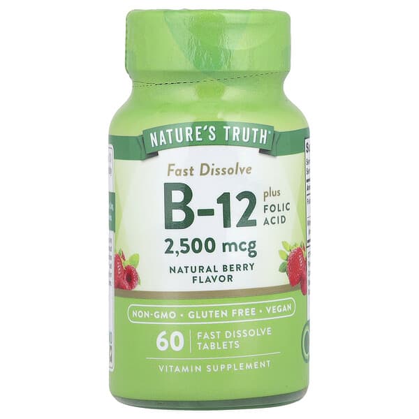 Nature's Truth, Vitamin B-12 plus Folic Acid, Natural Berry, 2,500 mcg, 60  Fast Dissolve Tablets
