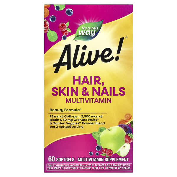 Nature's Way, Alive!® Hair, Skin & Nails Multivitamin, Strawberry, 60 Softgels