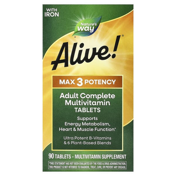 Nature's Way, Alive!® Max3 Potency, Adult Complete Multivitamin, With Iron, 90 Tablets