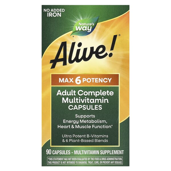 Nature's Way, Alive!® Max6 Potency, Adult Complete Multivitamin, No Added Iron, 90 Capsules 4 Nature's Way, Alive!® Max6 Potency, Adult Complete Multivitamin, No Added Iron, 90 Capsules