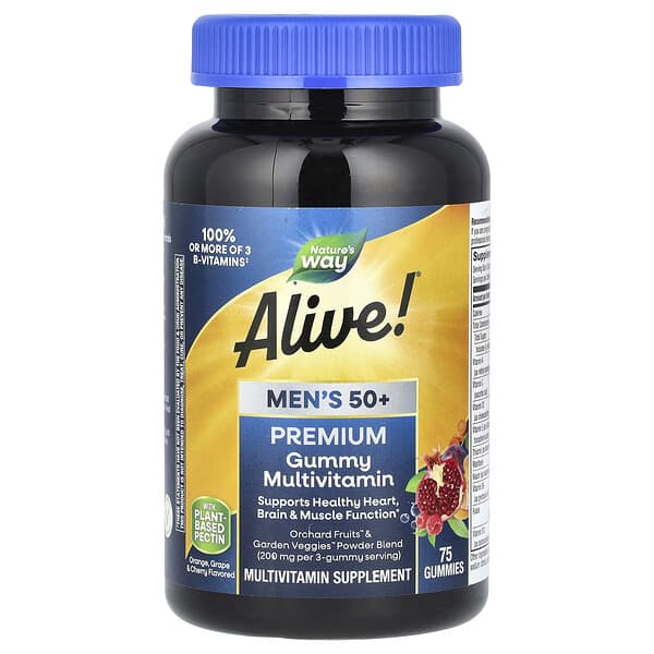 Nature's Way, Alive!® Men's 50+ Premium Gummy Multivitamin, Orange, Grape & Cherry, 75 Gummies