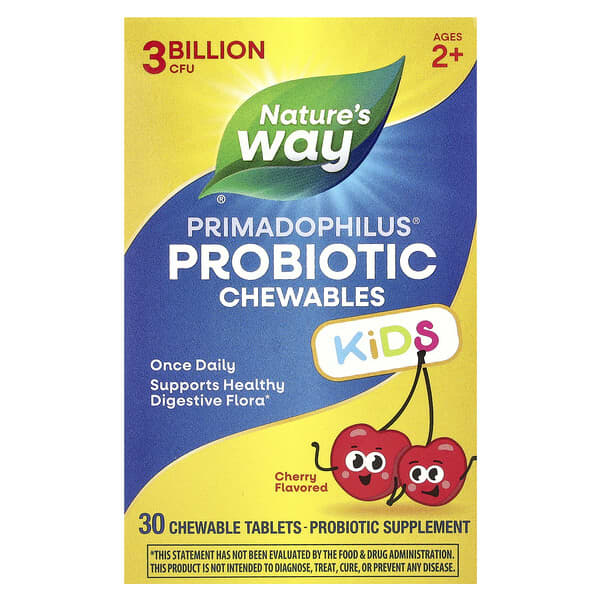 Nature's Way, Primadophilus® Kids Probiotic Chewable, Age 2+, Cherry , 3 Billion CFU, 30 Chewable Tablets