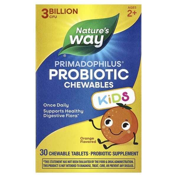 Nature's Way, Primadophilus®, Kids Probiotic Chewable, Ages 2+, Orange, 3 Billion CFU, 30 Chewable Tablets