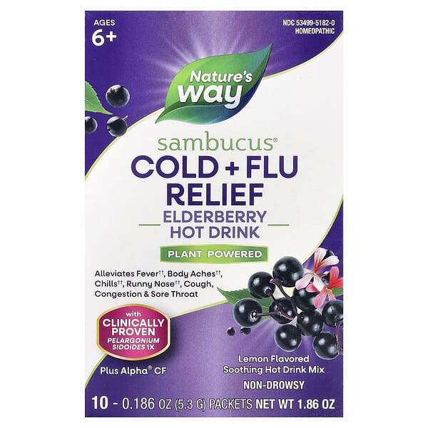 Nature's Way, Sambucus®, Cold + Flu Relief, Elderberry Hot Drink, Ages 6+, Lemon, 10 Packets, 0.186 oz (5.3 g) Each