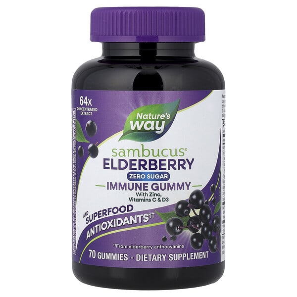 Nature's Way, Sambucus® Elderberry, Immune Gummy with Zinc, Vitamins C & D3, 70 Gummies