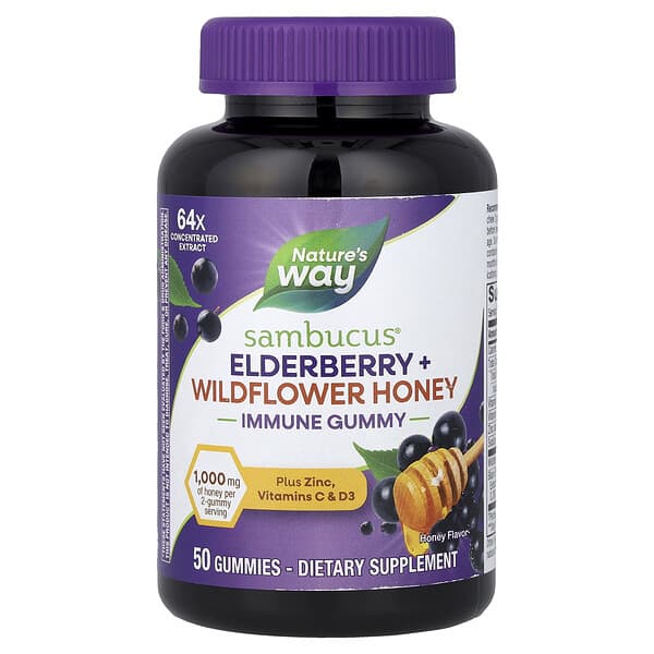 Nature's Way, Sambucus® Elderberry + Wildflower Honey Immune Gummy, Honey, 50 Gummies