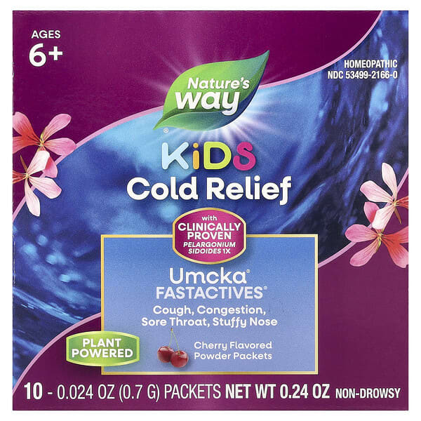 Nature's Way, Umcka®, Kids Cold Relief, FastActives®, For Ages 6+, Cherry, 10 Powder Packets, 0.024 oz (0.7 g) Each