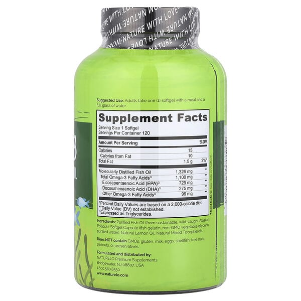 Alternative view of NATURELO, Omega-3 Triglyceride Fish Oil, 1,100 mg, 120 Softgels