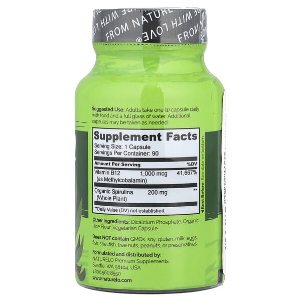 Alternative view of NATURELO, Vegan B12 Infused with Spirulina, 90 Easy Swallow Capsules