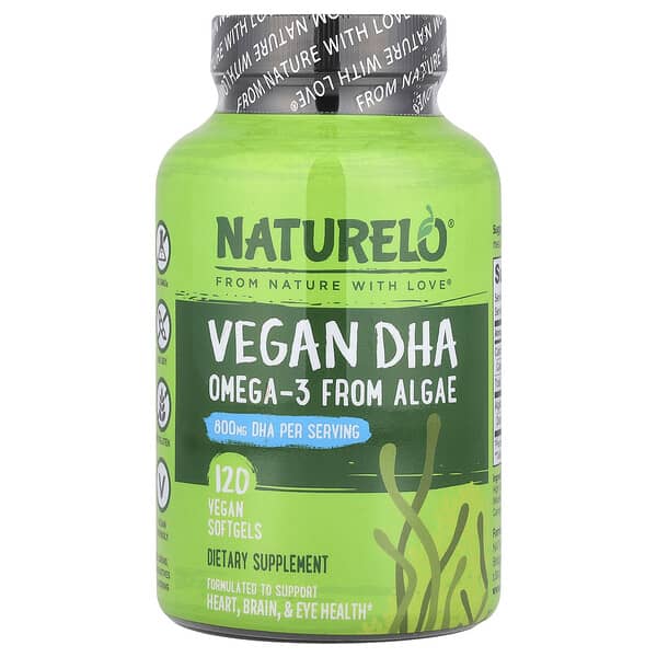 NATURELO, Vegan DHA, Omega-3 from Algae, 120 Vegan Softgels (400 mg per Softgel)