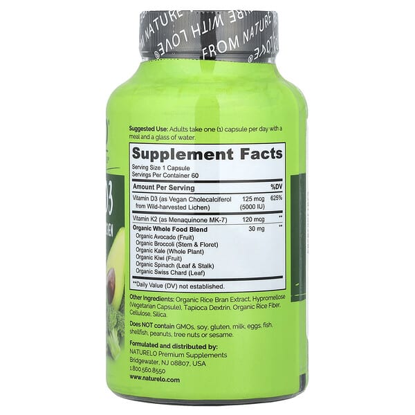 Alternative view of NATURELO, Vegan Vitamin K2 + D3, 60 Vegetarian Capsules