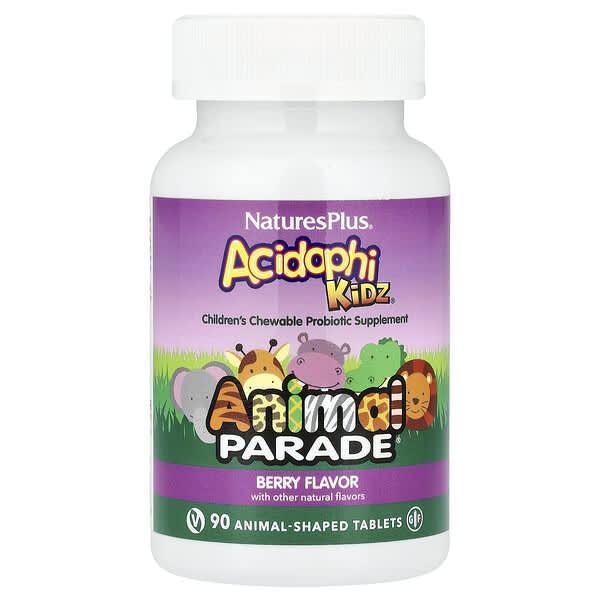NaturesPlus, Animal Parade® AcidophiKidz®, Children's Chewable Probiotic, Berry, 90 Animal-Shaped Tablets