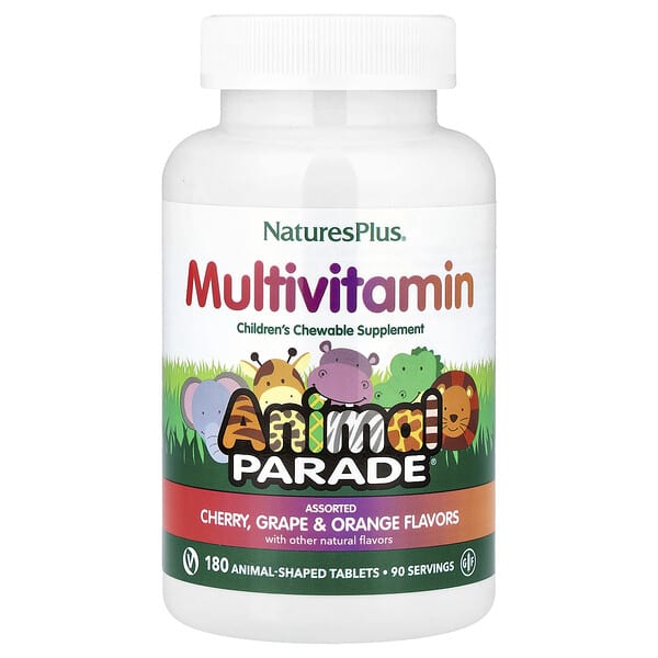 NaturesPlus, Animal Parade®, Children's Chewable Multivitamin, Cherry, Grape & Orange, 180 Animal-Shaped Tablets