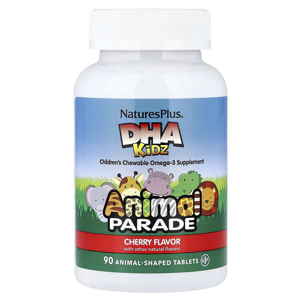 NaturesPlus, Animal Parade®, DHA Kids, Children's Chewable Omega-3 Supplement, Cherry, 90 Animal-Shaped Tablets