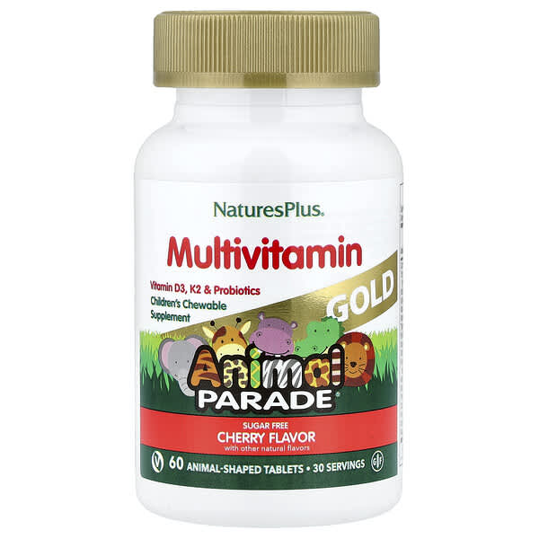 NaturesPlus, Animal Parade® Gold, Children's Chewable Multivitamin, Cherry, 60 Animal-Shaped Tablets