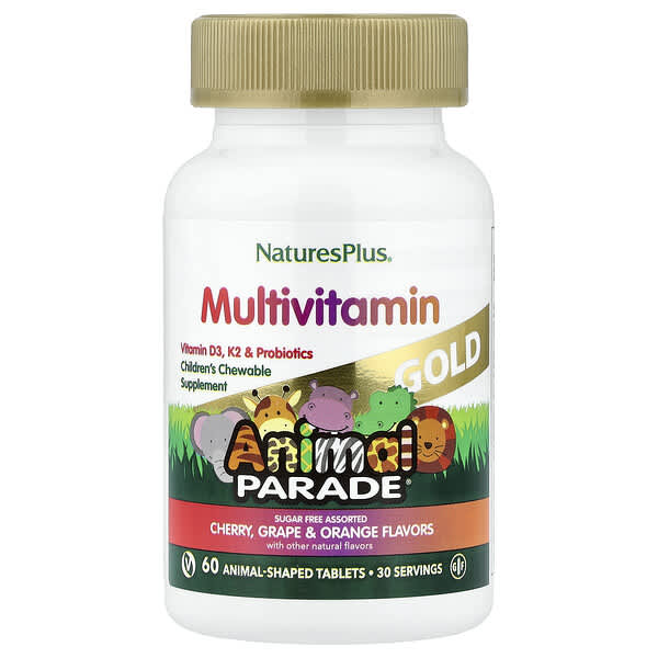 NaturesPlus, Animal Parade® Gold, Children's Chewable Multivitamin, Cherry, Grape & Orange, 60 Animal-Shaped Tablets