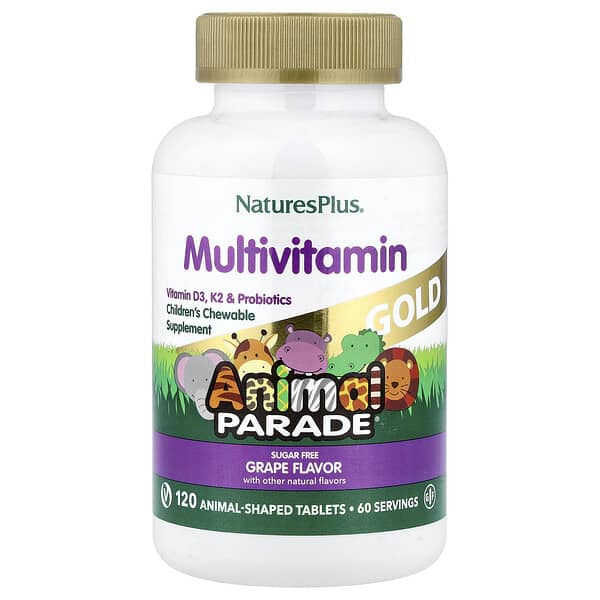 NaturesPlus, Animal Parade® Gold, Children's Chewable Multivitamin, Grape, 120 Animal-Shaped Tablets