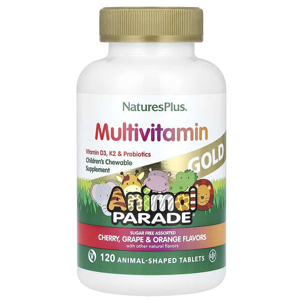 NaturesPlus, Animal Parade Gold®, Children's Chewable Multivitamin Supplement, Cherry, Grape & Orange, 120 Animal-Shaped Tablets