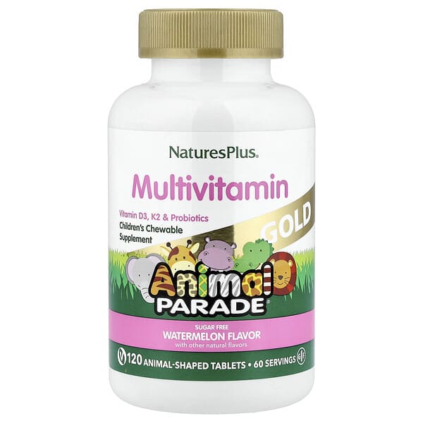 NaturesPlus, Animal Parade® Gold, Children's Chewable Multivitamin Supplement, Watermelon, 120 Animal-Shaped Tablets