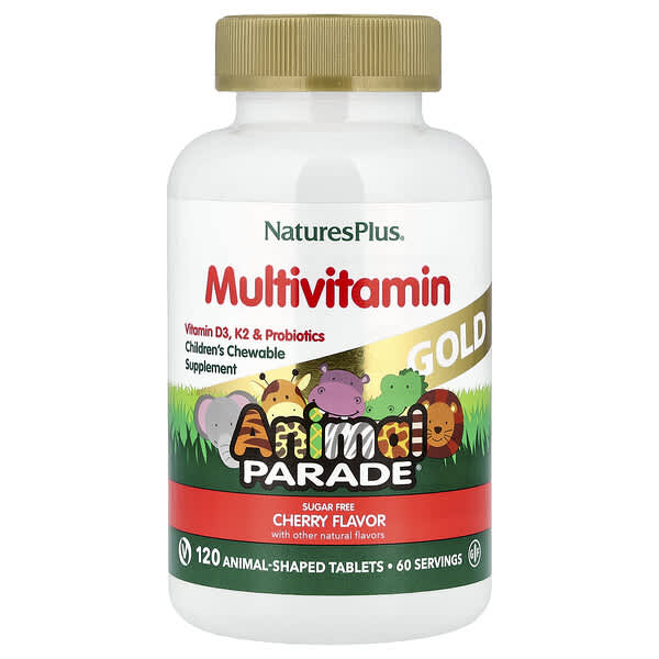 NaturesPlus, Animal Parade® Gold, Multivitamin, Children's Chewable Supplement, Cherry, 120 Animal-Shaped Tablets