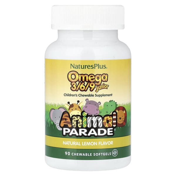 NaturesPlus, Animal Parade®, Omega 3/6/9 Junior, Natural Lemon, 90 Chewable Softgels