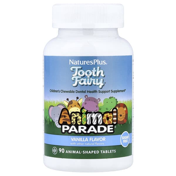 NaturesPlus, Animal Parade®, Tooth Fairy®, Children's Chewable Dental Health Support Supplement, Vanilla, 90 Animal-Shaped Tablets