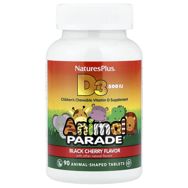NaturesPlus, Animal Parade®, Vitamin D3, Black Cherry, 12.5 mcg (500 IU), 90 Animal-Shaped Tablets
