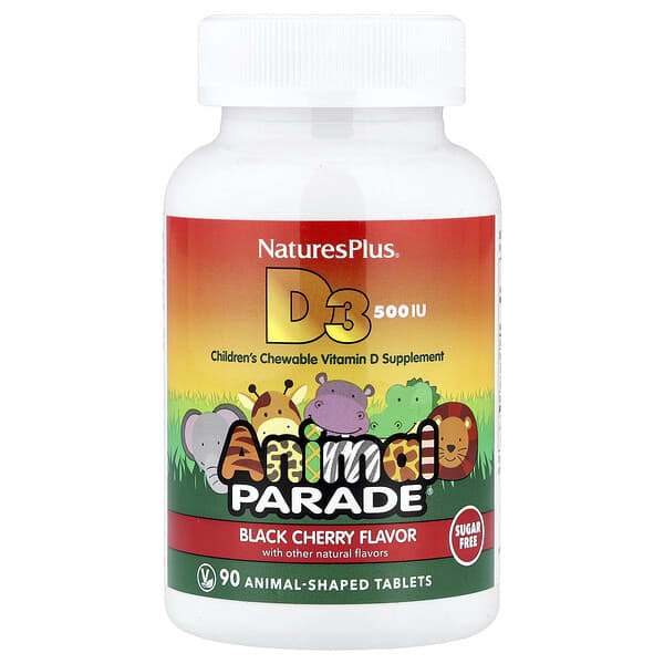 NaturesPlus, Animal Parade®, Vitamin D3, Black Cherry, 12.5 mcg (500 IU), 90 Animal-Shaped Tablets