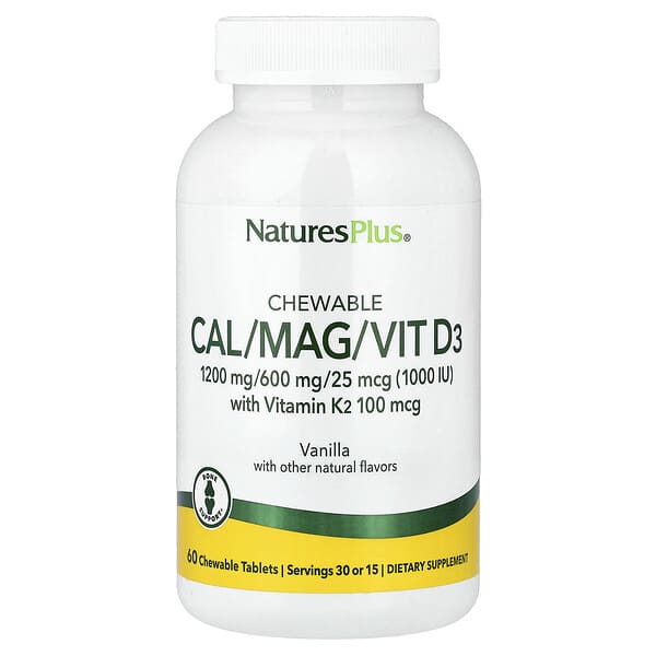NaturesPlus, Chewable Cal/Mag/Vit D3 with Vitamin K2, Vanilla, 60 Chewable Tablets