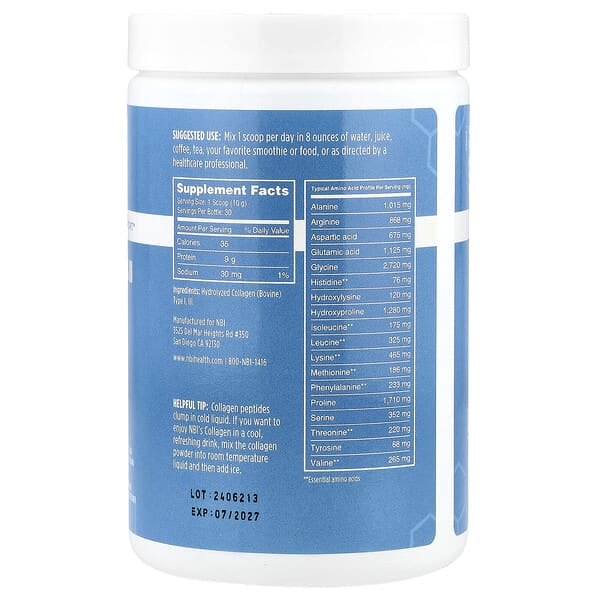 Alternative view of NBI, Hydrolyzed Collagen Types I & III, Unflavored, 10.58 oz (300 g)