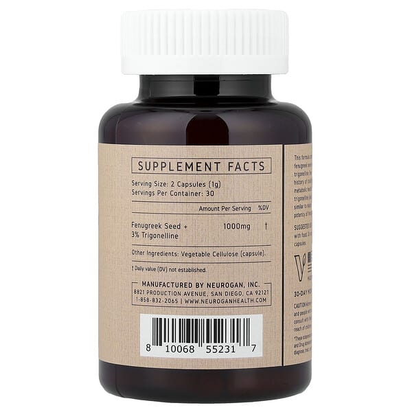Alternative view of Neurogan Health, Fenugreek Seed + 3% Trigonelline, 60 Capsules (500 mg per Capsule)