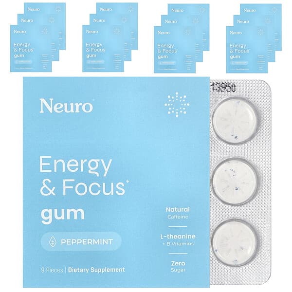 NeuroGum, Energy & Focus Gum, Peppermint, 12 Pack, 9 Pieces Each