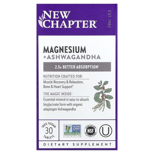 New Chapter, Magnesium + Ashwagandha, 30 Vegan Tablets