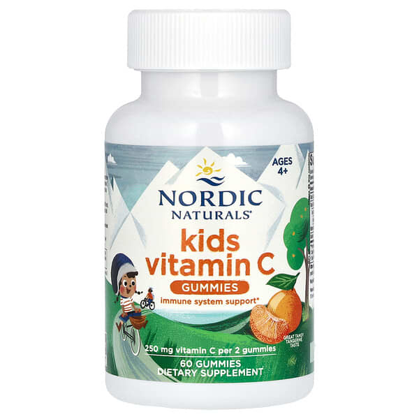 Nordic Naturals, Kids Vitamin C Gummies, Ages 4+, Tangy Tangerine, 60 Gummies (125 mg per Gummy)
