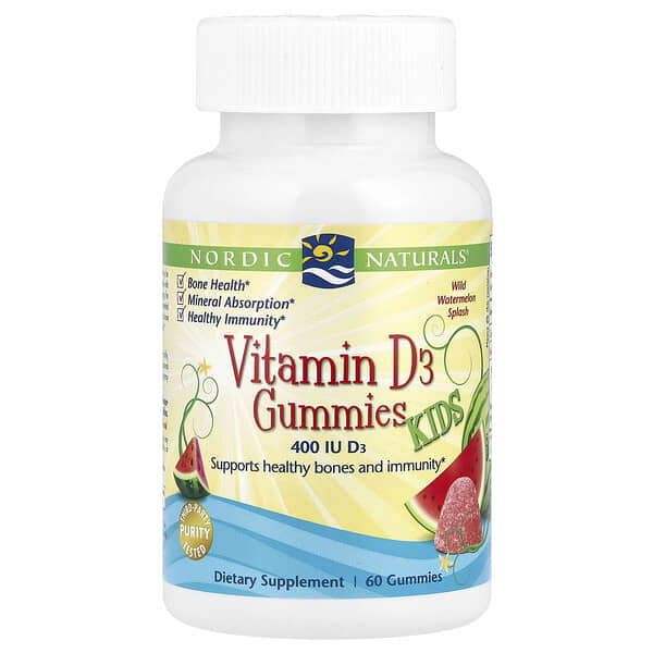 Nordic Naturals, Kids Vitamin D3 Gummies, Wild Watermelon Splash, 400 IU, 60 Gummies